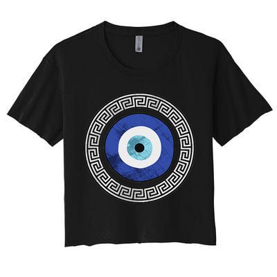 Greek Evil Eye Mati Design Greek Key Print Women's Crop Top Tee