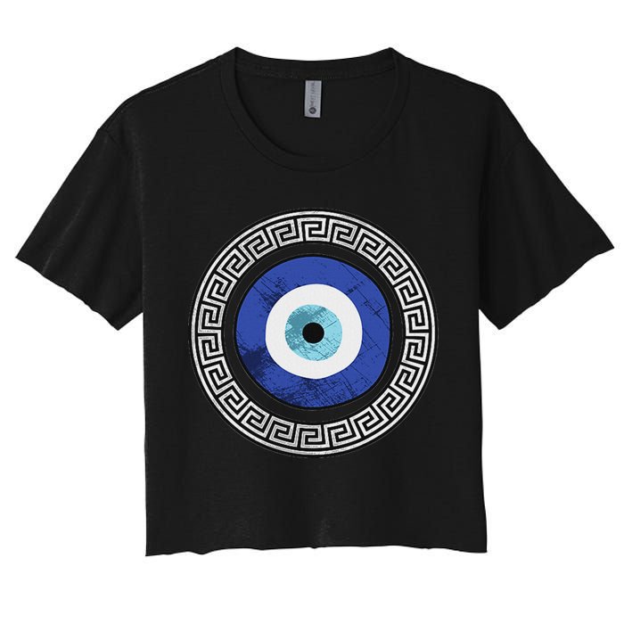 Greek Evil Eye Mati Design Greek Key Print Women's Crop Top Tee