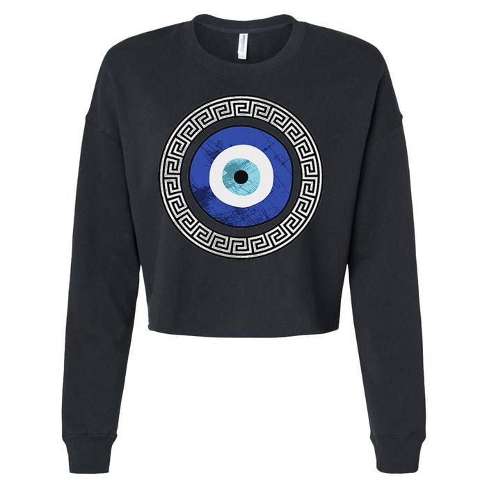 Greek Evil Eye Mati Design Greek Key Print Cropped Pullover Crew