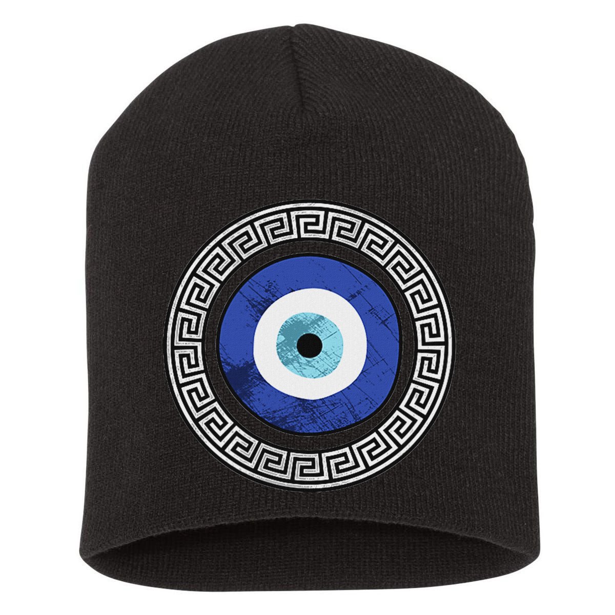 Greek Evil Eye Mati Design Greek Key Print Short Acrylic Beanie