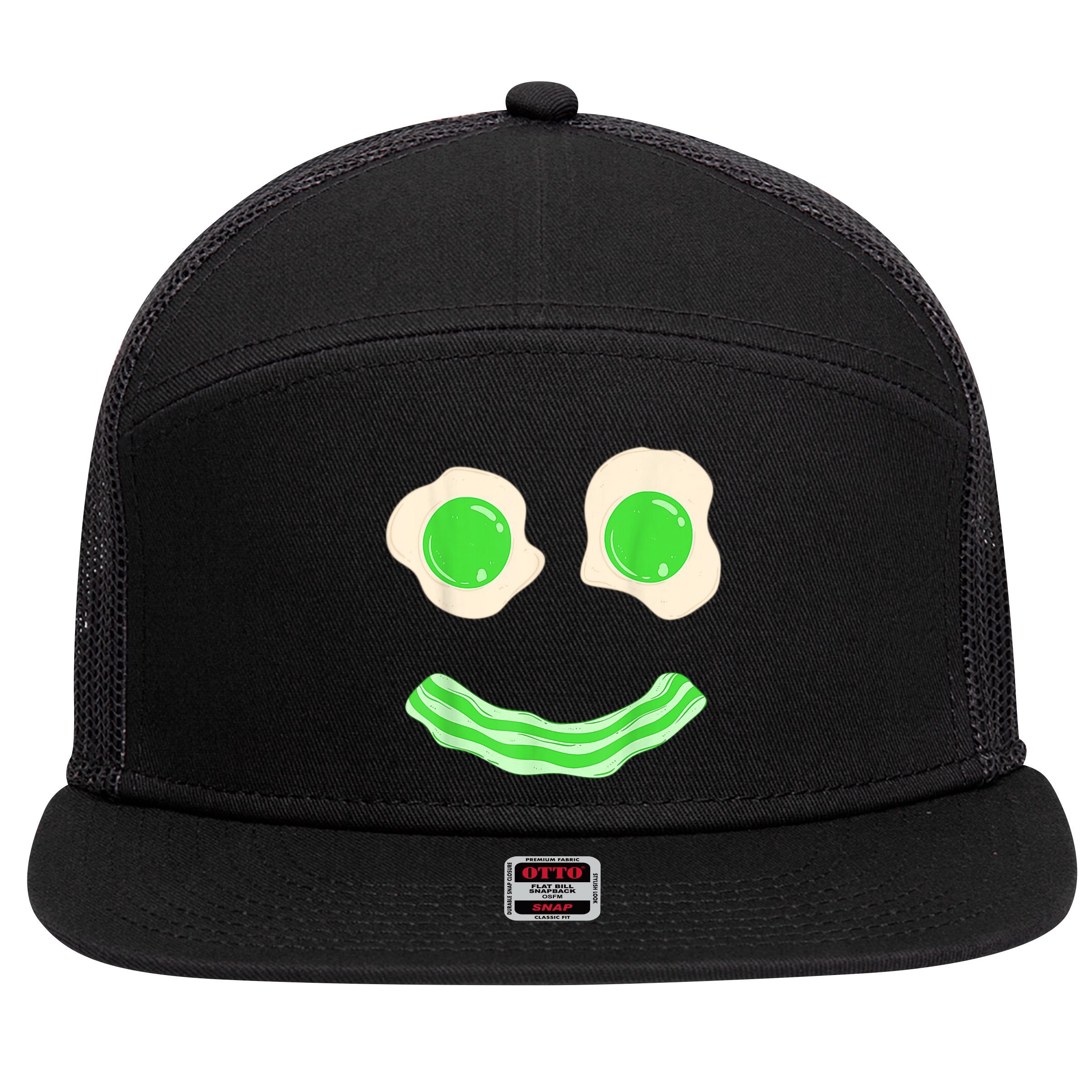 Green Eggs Ham Smile Face St Patrick's Day 7 Panel Mesh Trucker Snapback Hat