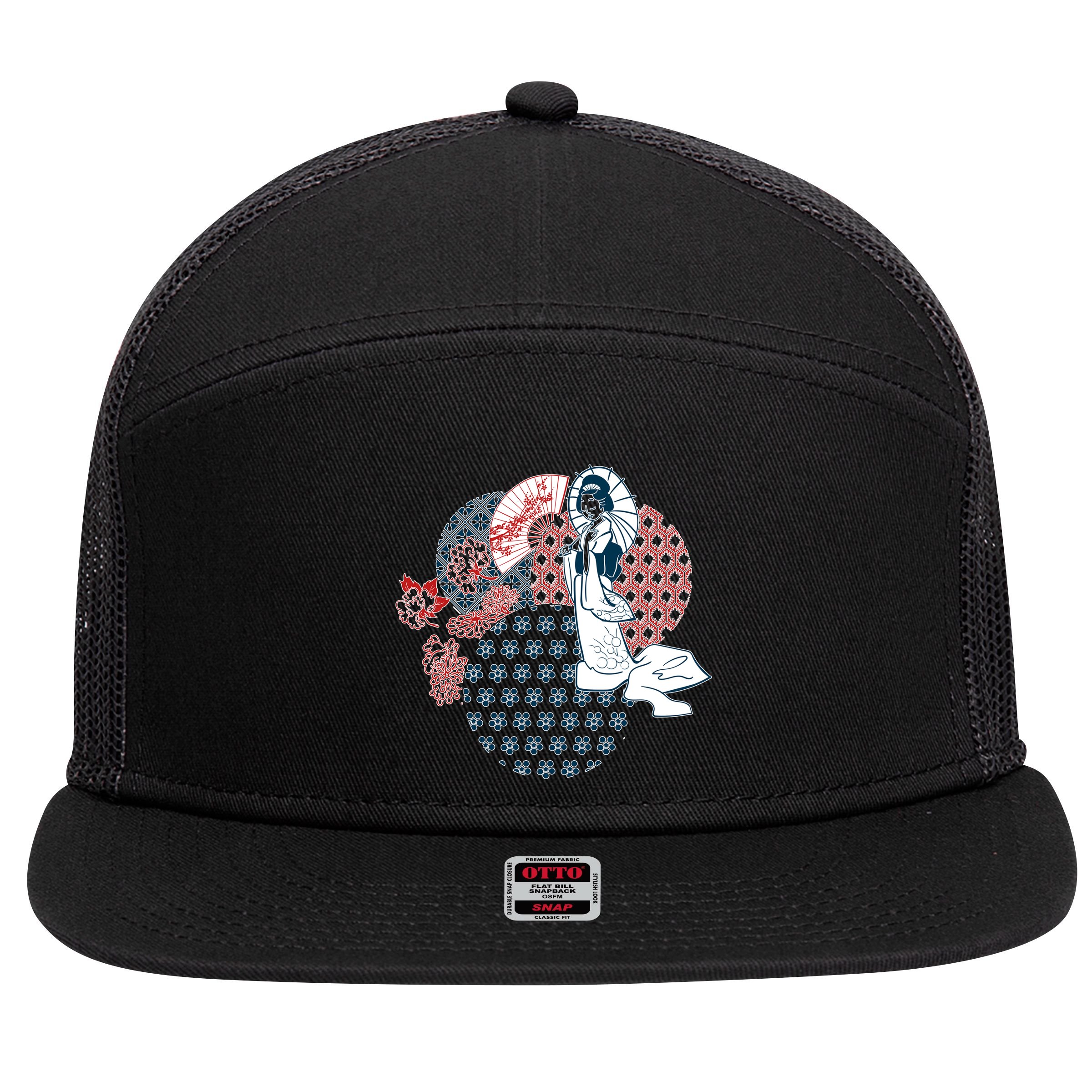 Geisha Fan Parasol Abstract 7 Panel Mesh Trucker Snapback Hat