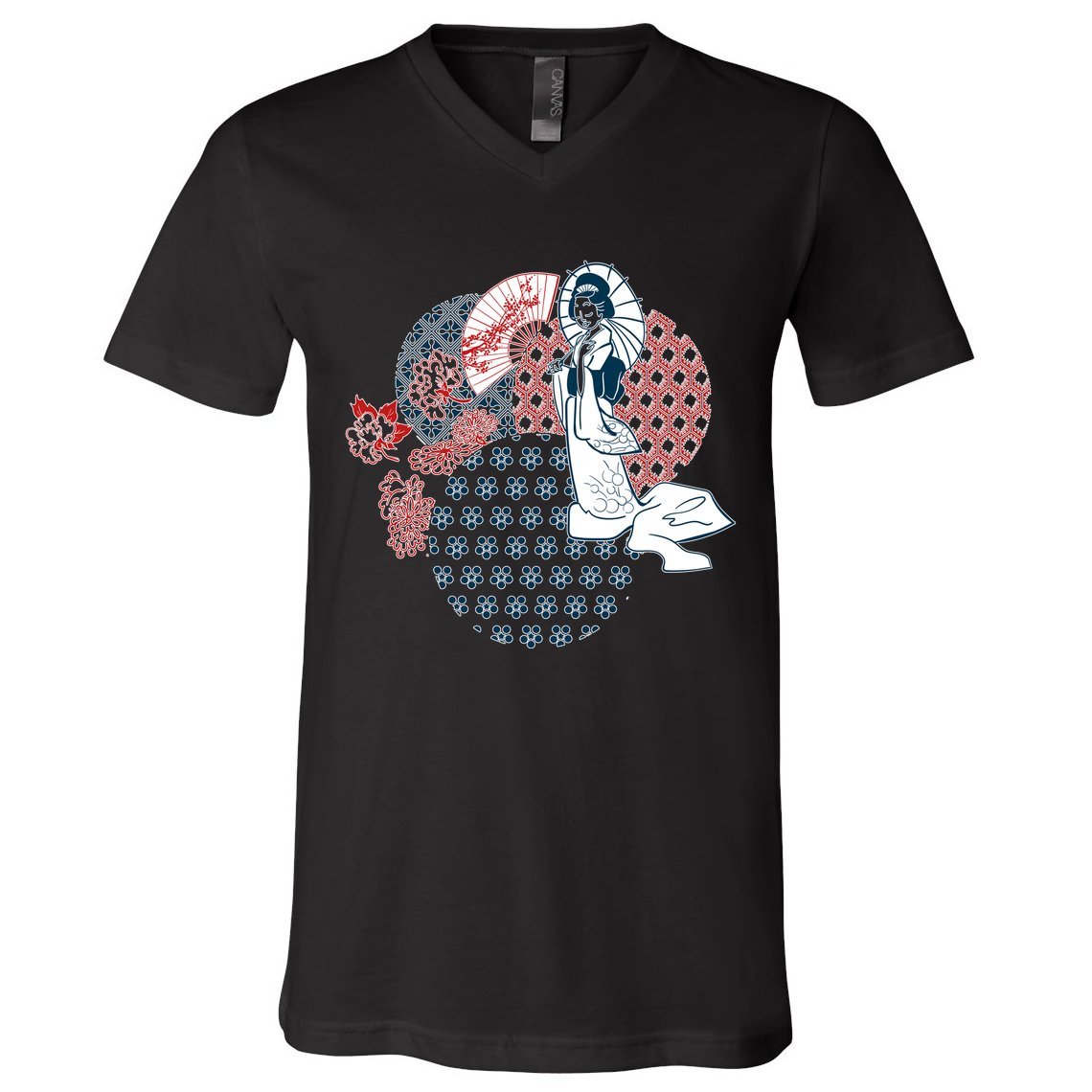 Geisha Fan Parasol Abstract V-Neck T-Shirt