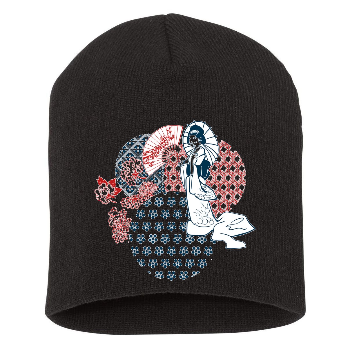 Geisha Fan Parasol Abstract Short Acrylic Beanie