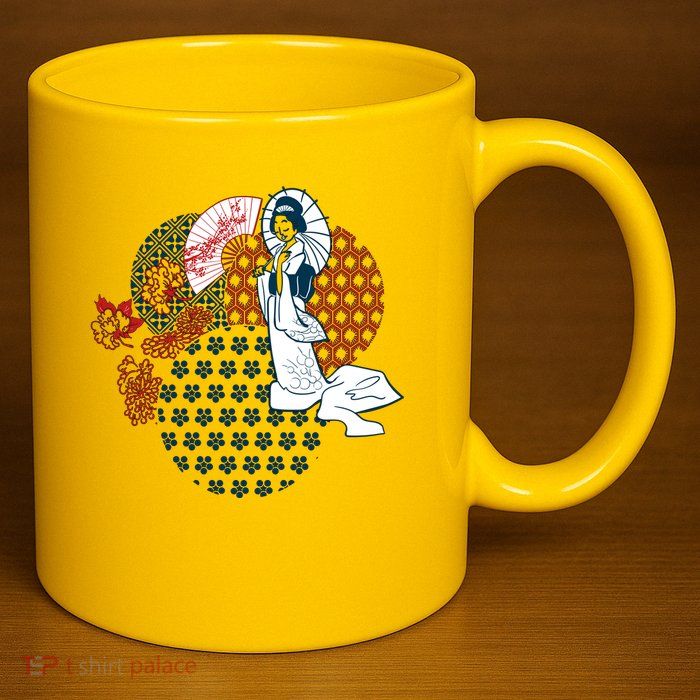 Geisha Fan Parasol Abstract 11oz C Handle Ceramic Mug