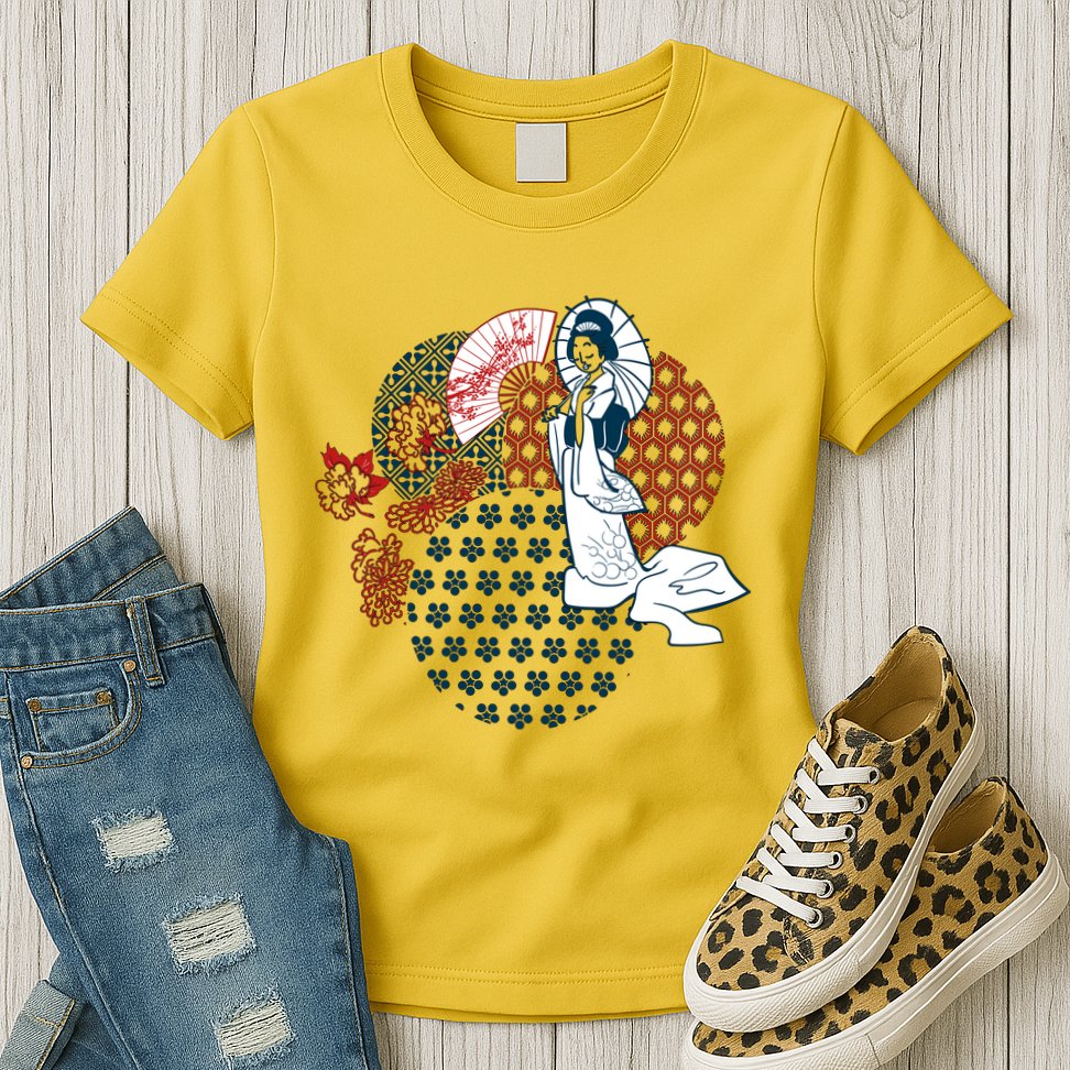 Geisha Fan Parasol Abstract Womens T-Shirt