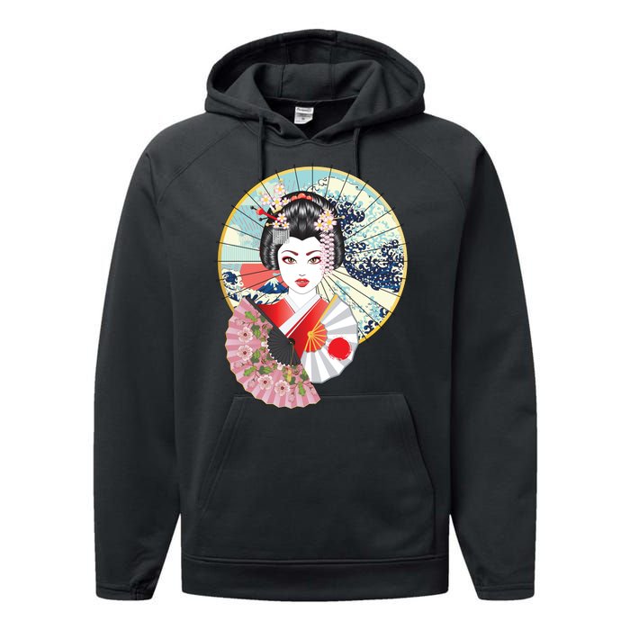 Geisha Great Wave Frame Fans Performance Fleece Hoodie