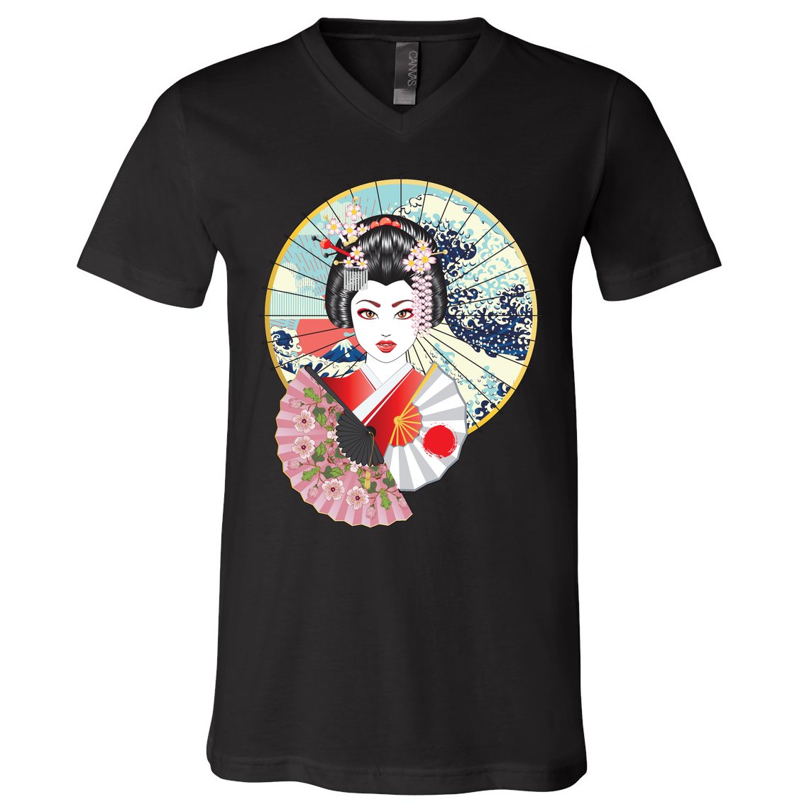 Geisha Great Wave Frame Fans V-Neck T-Shirt