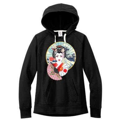 Geisha Great Wave Frame Fans Women's Fleece Hoodie