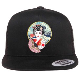 Geisha Great Wave Frame Fans Flat Bill Trucker Hat