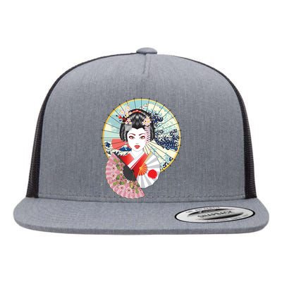 Geisha Great Wave Frame Fans Flat Bill Trucker Hat