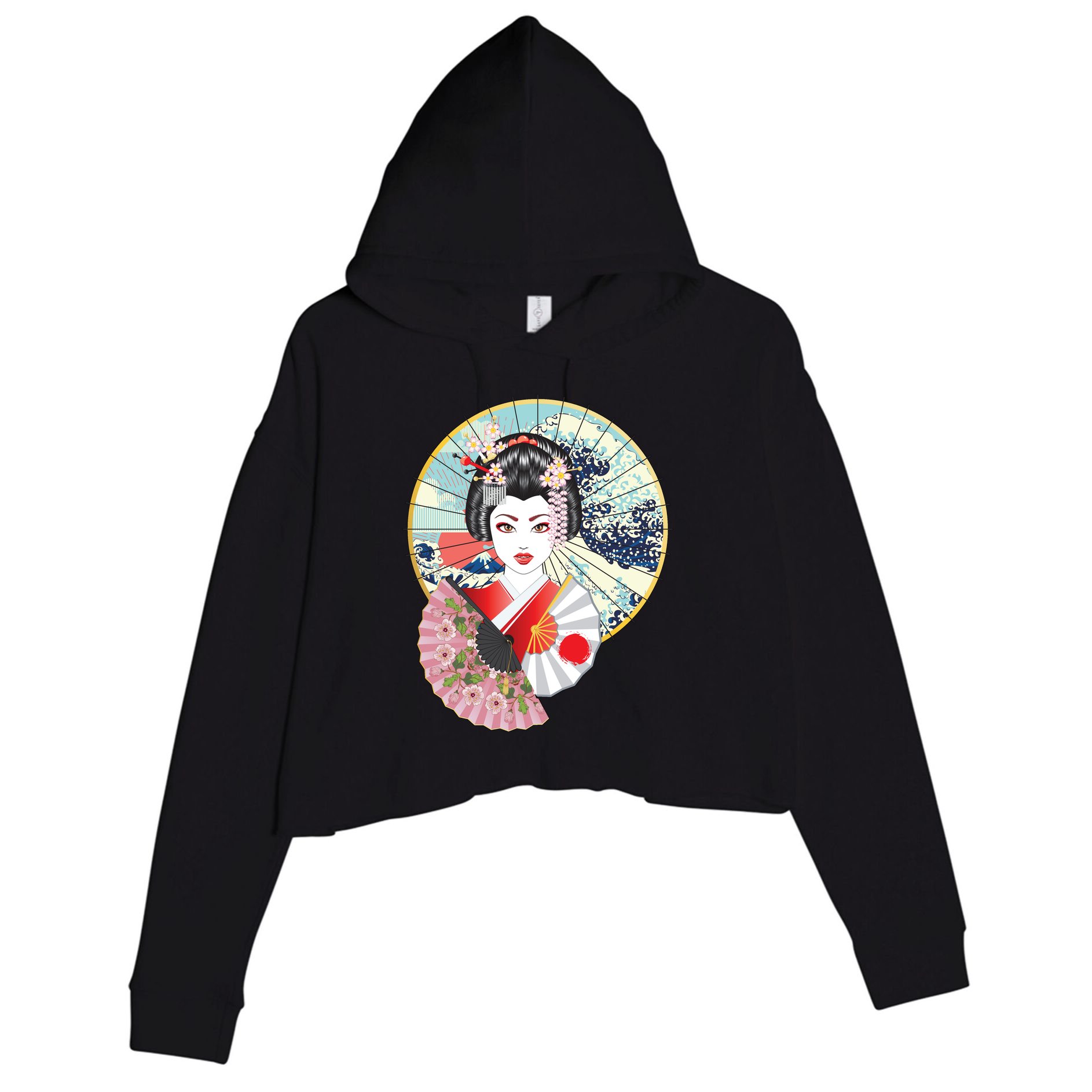 Geisha Great Wave Frame Fans Crop Fleece Hoodie