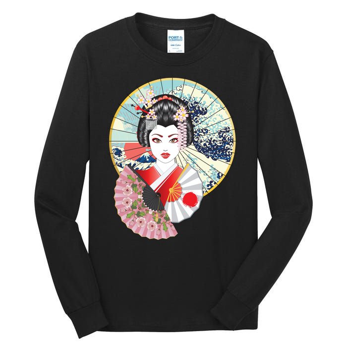 Geisha Great Wave Frame Fans Tall Long Sleeve T-Shirt