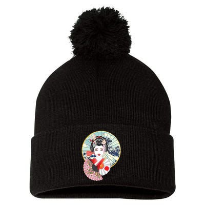 Geisha Great Wave Frame Fans Pom Pom 12in Knit Beanie