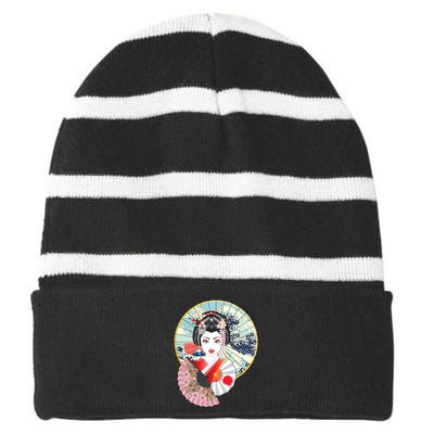 Geisha Great Wave Frame Fans Striped Beanie with Solid Band