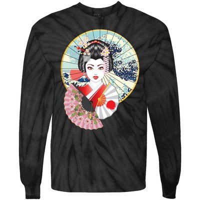 Geisha Great Wave Frame Fans Tie-Dye Long Sleeve Shirt