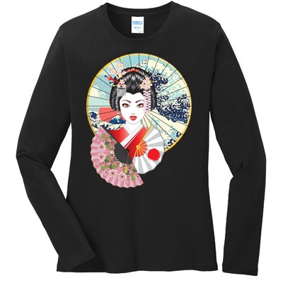 Geisha Great Wave Frame Fans Ladies Long Sleeve Shirt