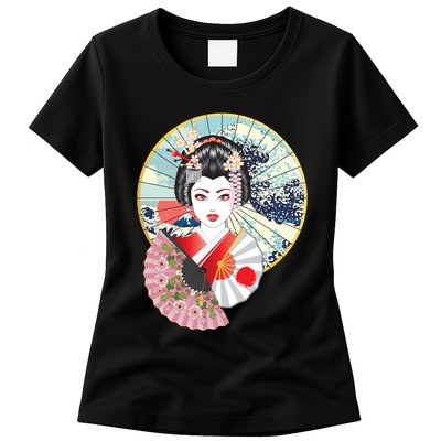Geisha Great Wave Frame Fans Womens T-Shirt