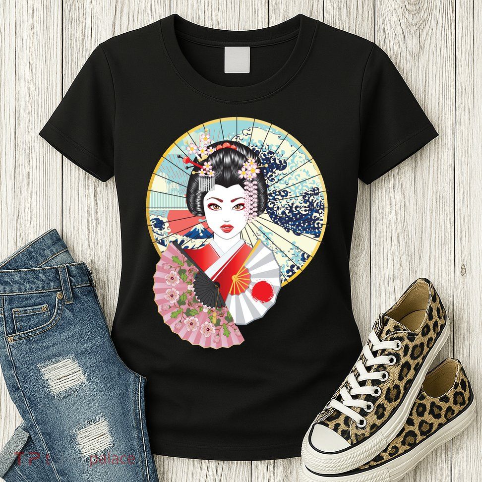 Geisha Great Wave Frame Fans Womens T-Shirt