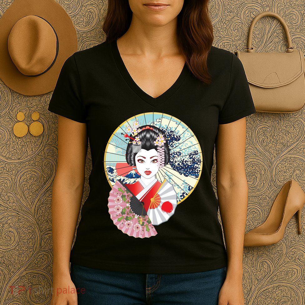 Geisha Great Wave Frame Fans Women's V-Neck T-Shirt