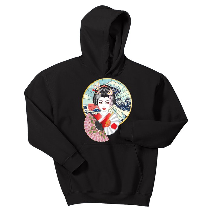 Geisha Great Wave Frame Fans Kids Hoodie