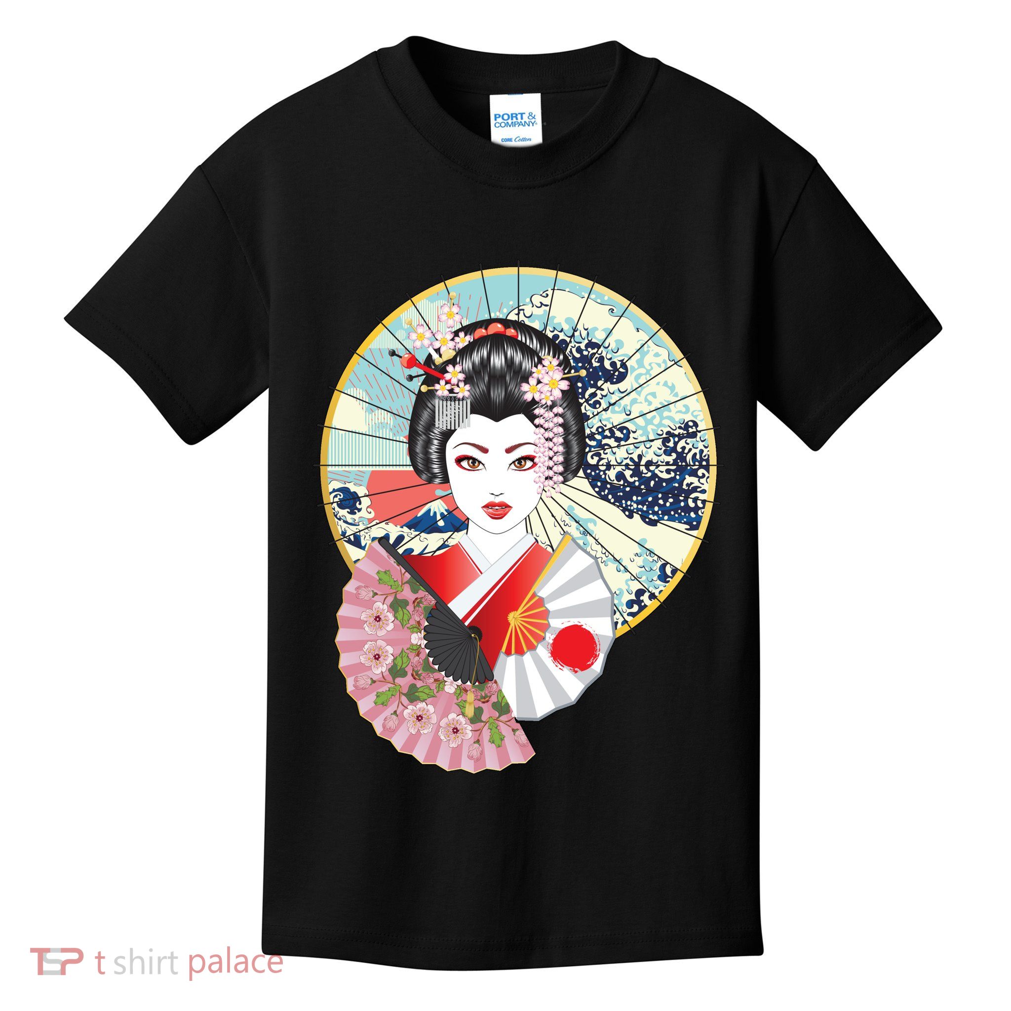Geisha Great Wave Frame Fans Kids T-Shirt
