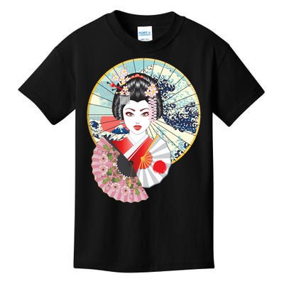 Geisha Great Wave Frame Fans Kids T-Shirt