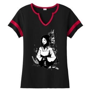 Geisha Japanese Script Greyscale Ladies Halftime Notch Neck Tee