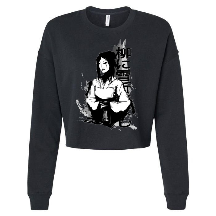 Geisha Japanese Script Greyscale Cropped Pullover Crew