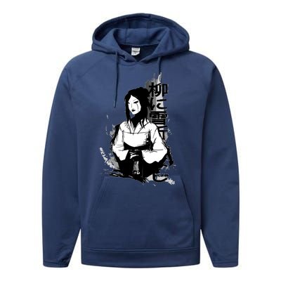 Geisha Japanese Script Greyscale Performance Fleece Hoodie