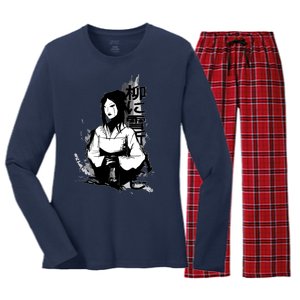 Geisha Japanese Script Greyscale Women's Long Sleeve Flannel Pajama Set 