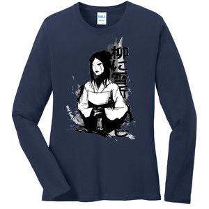 Geisha Japanese Script Greyscale Ladies Long Sleeve Shirt