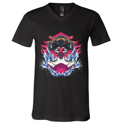 Geishia Ninja Mask Japanese Art V-Neck T-Shirt