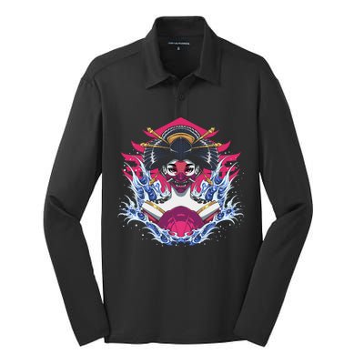 Geishia Ninja Mask Japanese Art Silk Touch Performance Long Sleeve Polo