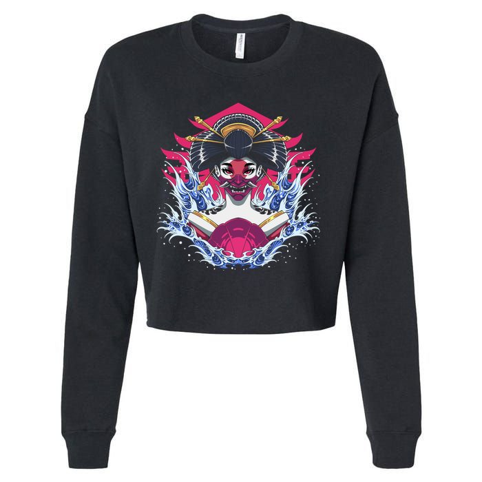 Geishia Ninja Mask Japanese Art Cropped Pullover Crew