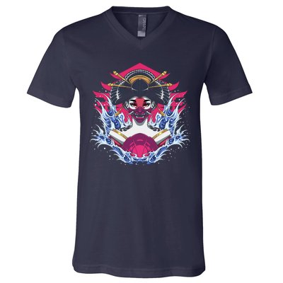 Geishia Ninja Mask Japanese Art V-Neck T-Shirt