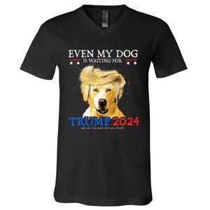 Groovy Even My Dog Is Waiting For Trump 2024 Funny Dog  V-Neck T-Shirt