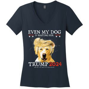 Groovy Even My Dog Is Waiting For Trump 2024 Funny Dog Women's V-Neck T-Shirt