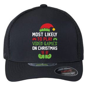 Gamer Elf Most Likely To Play Video Games Christmas Funny Gift Flexfit Unipanel Trucker Cap