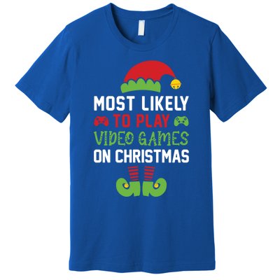 Gamer Elf Most Likely To Play Video Games Christmas Funny Gift Premium T-Shirt