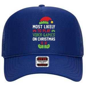 Gamer Elf Most Likely To Play Video Games Christmas Funny Gift High Crown Mesh Back Trucker Hat