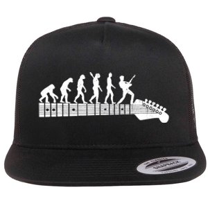 Guitarist Evolution On Headstock Rock On Guitar Player Flat Bill Trucker Hat