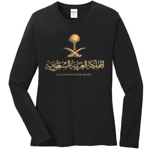 Golden Emblem Of Kingdom Of Saudi Arabia Saudi Flag Ladies Long Sleeve Shirt