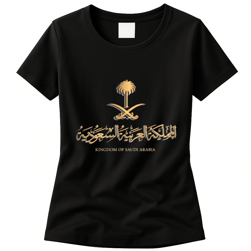 Golden Emblem Of Kingdom Of Saudi Arabia Saudi Flag Womens T-Shirt
