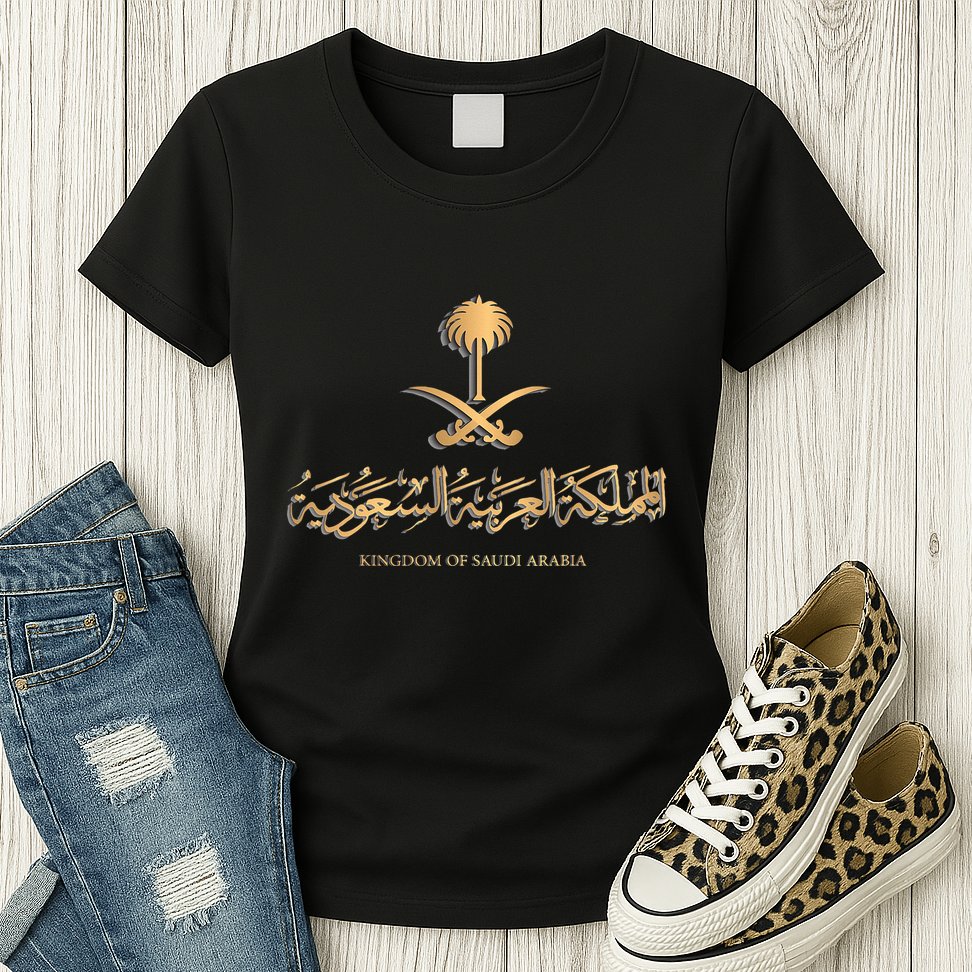 Golden Emblem Of Kingdom Of Saudi Arabia Saudi Flag Womens T-Shirt