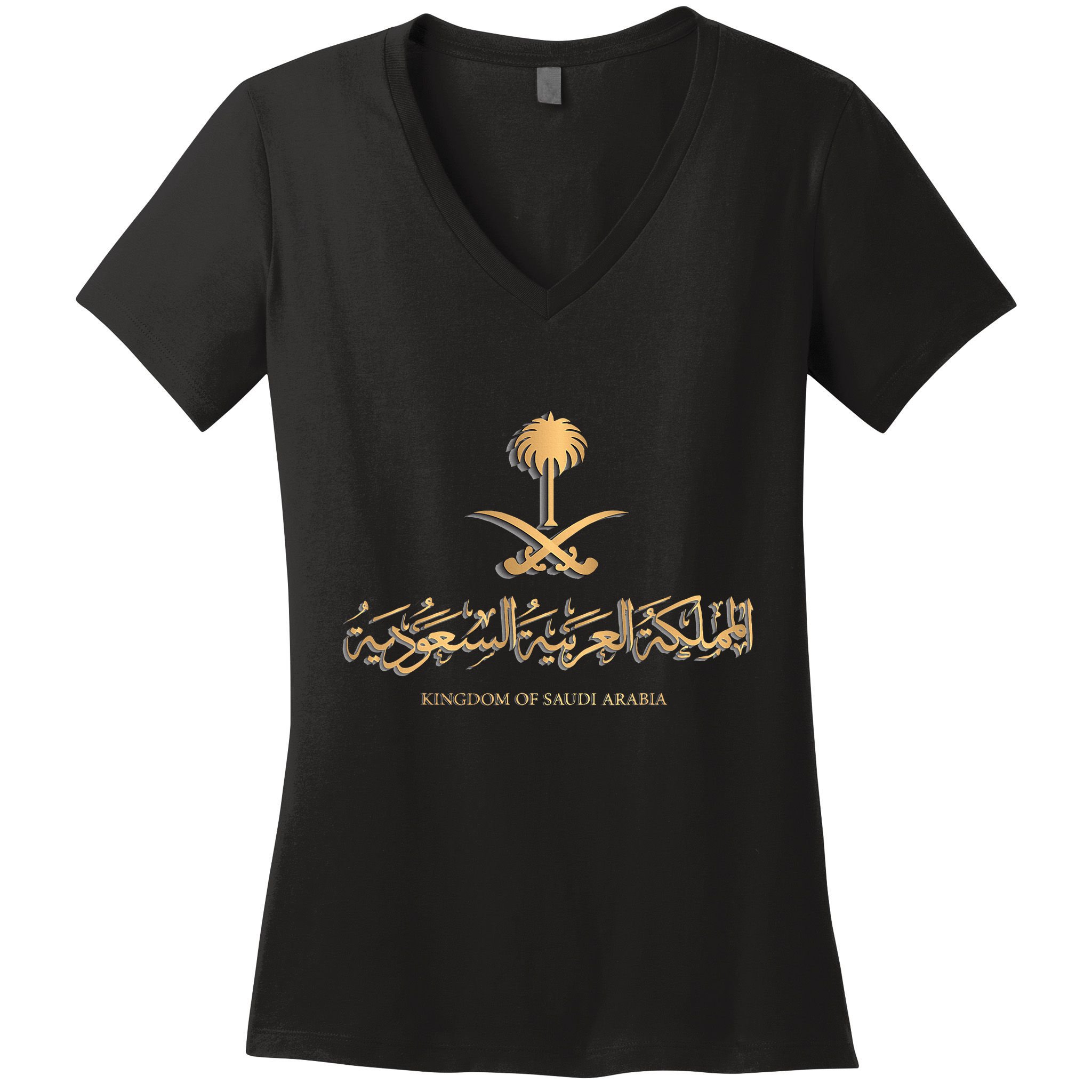Golden Emblem Of Kingdom Of Saudi Arabia Saudi Flag Women's V-Neck T-Shirt