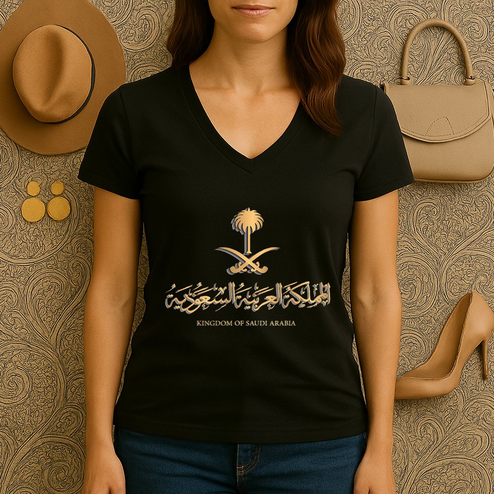 Golden Emblem Of Kingdom Of Saudi Arabia Saudi Flag Women's V-Neck T-Shirt