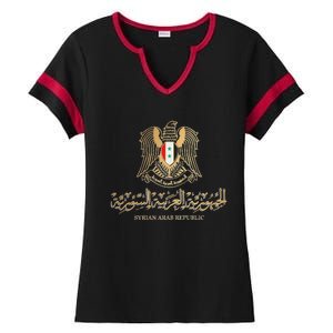 Golden Emblem Of Syria Arab Republic With Syria Flag Sign Ladies Halftime Notch Neck Tee