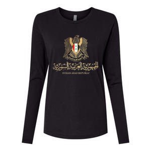 Golden Emblem Of Syria Arab Republic With Syria Flag Sign Womens Cotton Relaxed Long Sleeve T-Shirt