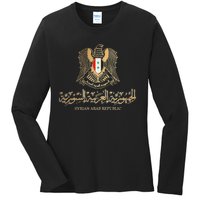 Golden Emblem Of Syria Arab Republic With Syria Flag Sign Ladies Long Sleeve Shirt